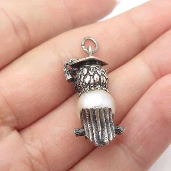 BEAU 925 Sterling Silver Vintage Faux Pearl Owl Professor On Brunch Pendant - Picture 2 of 8